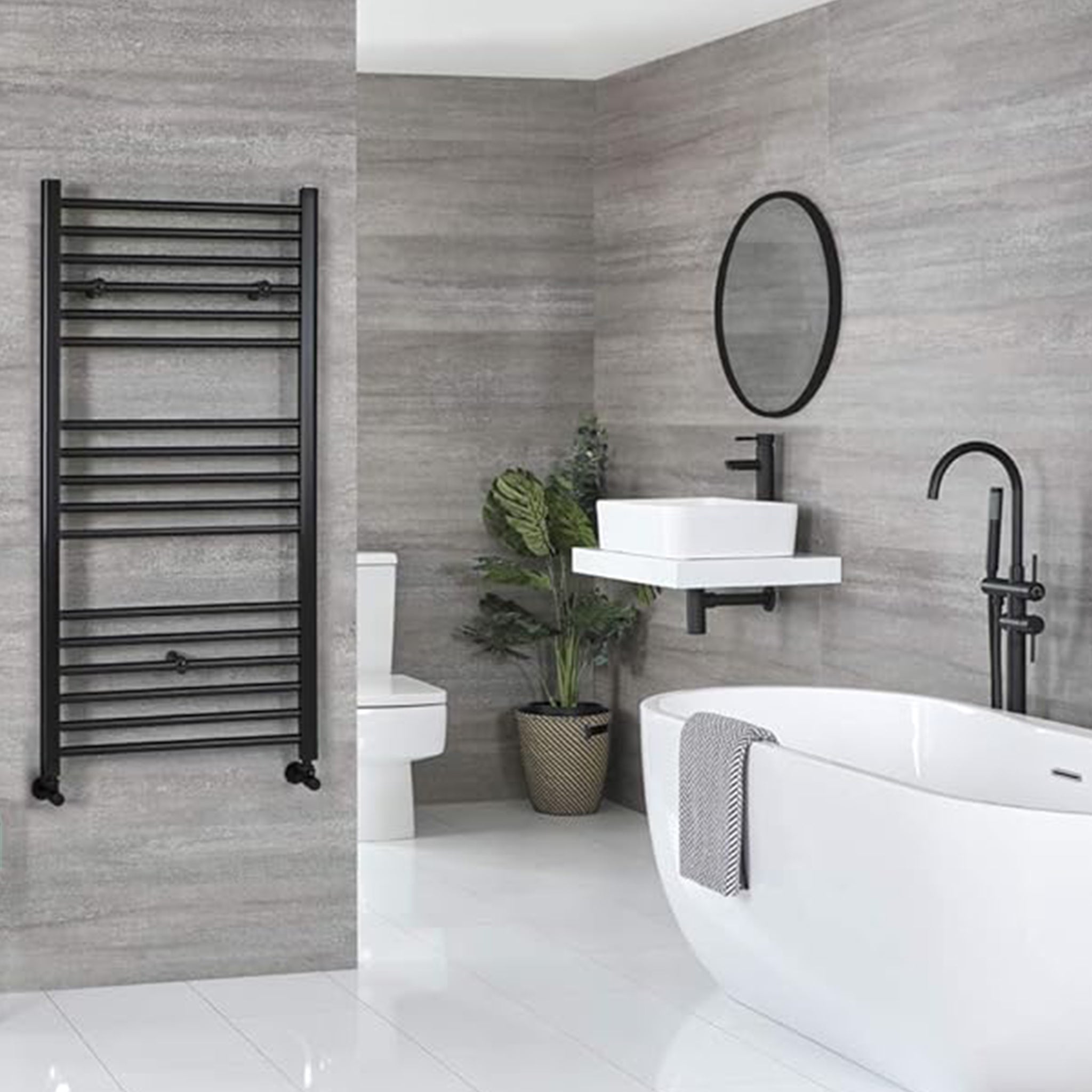vertical matt black batroom towel rail